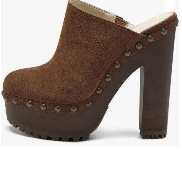 XYD Cork Platform Super High Heels Mules  Chunky Block Studded Closed Toe Brown - Picture 1 of 7